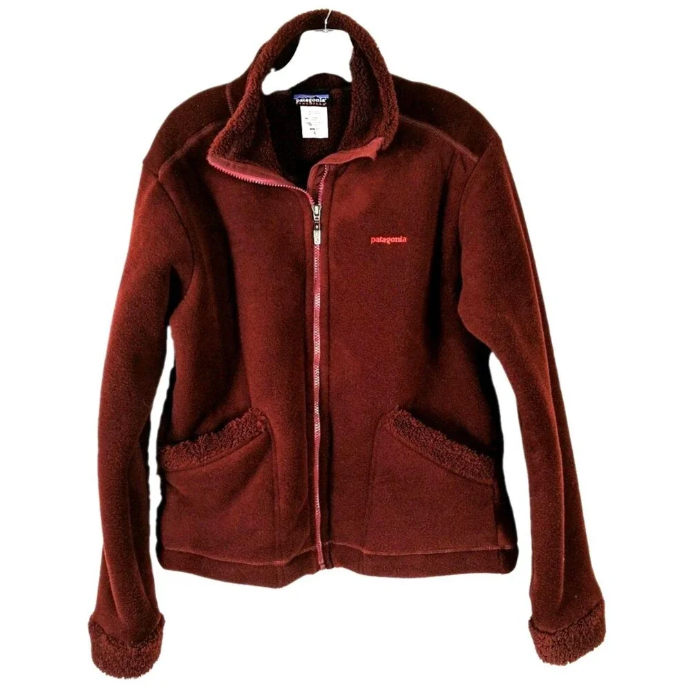 Patagonia Synchilla Women Red Full Zip Jacket Pockets Logo Size Large Fleece